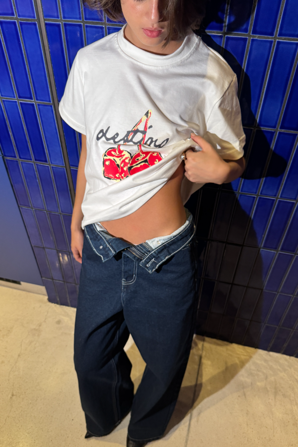 Dice Cherry Crop Tee Ivory